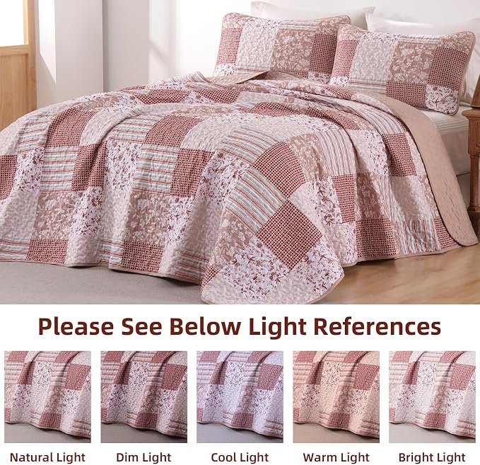Mybedsoul Patchwork Quilt Set Queen Size, 3 Pieces Pink Floral Plaid Bedspread - Image 8
