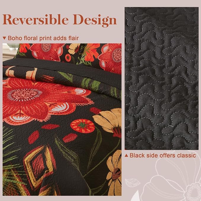 Tyrot 2 Piece Black Red Boho Floral Quilt Sets Twin Size Farmhouse Reversible - Image 3