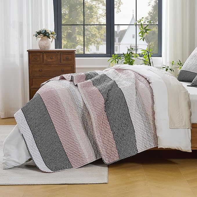 Andency California King Quilt Set Grey Pink, 3 Pieces Ultra Soft Lightweight - Image 2