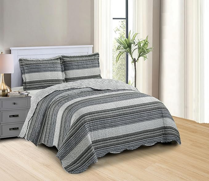Brilliant Sunshine Multi Grey Stripes Patchwork, 3-Piece Quilt Set by BrilliantSunshine