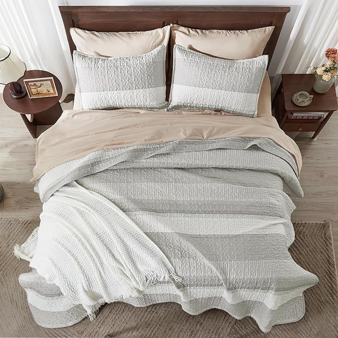 Andency Queen Quilt Bedding Set Linen Grey, 3 Pieces Patchwork Summer Striped - Image 7