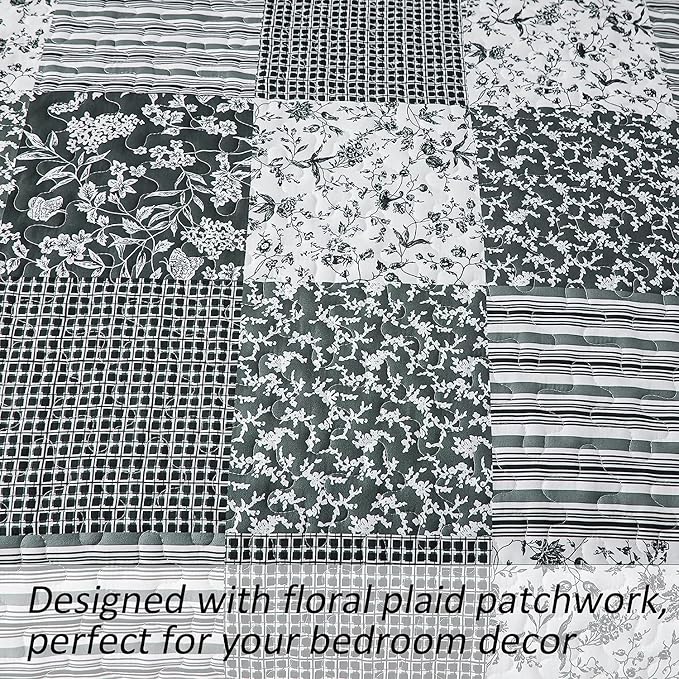 Mybedsoul Black Grey Boho Quilt Set California King Size, 3 Pieces Plaid Floral - Image 6