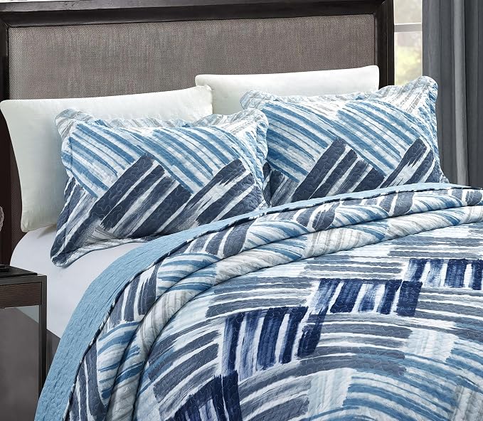 Brilliant Sunshine Blue and Grey Stripe Blocks Patchwork, 3-Piece Quilt Set - Image 3