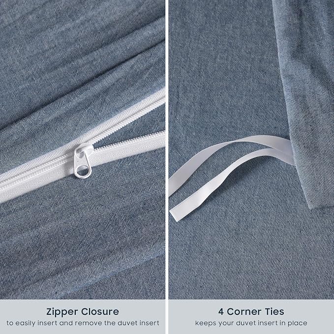 Wake In Cloud - Cotton Duvet Cover Set, Queen Size, Chambray Denim Blue - Image 7