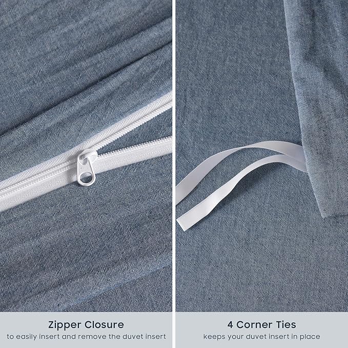Wake In Cloud - Cotton Duvet Cover Set, King Size, Chambray Denim Blue - Image 7