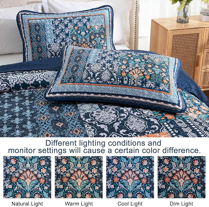 WONGS BEDDING Navy Blue Quilt Set King Size, Bohemian Patchwork Bedspread - Image 5