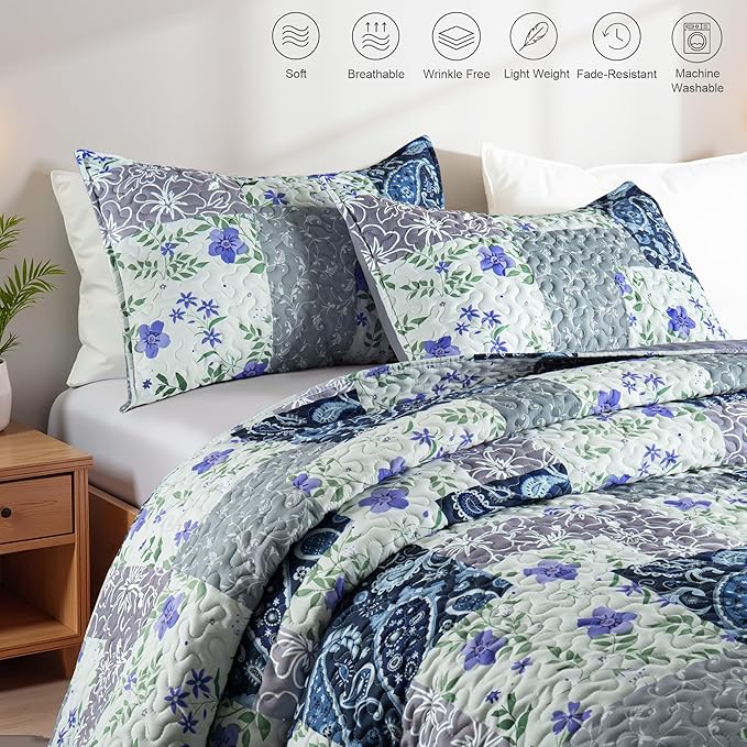 Whale Flotilla Patchwork Quilt Twin Size, Soft Boho Floral Bedspreads - Image 3