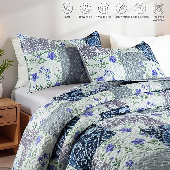 Whale Flotilla Patchwork Quilt King Size, Soft Boho Floral Bedspreads - Image 3