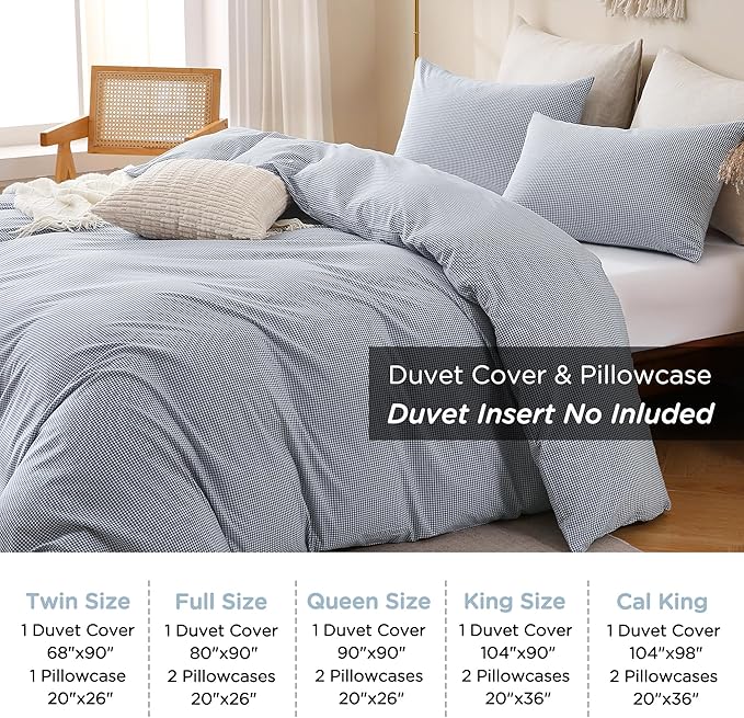 TOCOMOA Mini Gingham Blue Duvet Cover Bedding Set 100% Washed Cotton Like Linen - Image 8