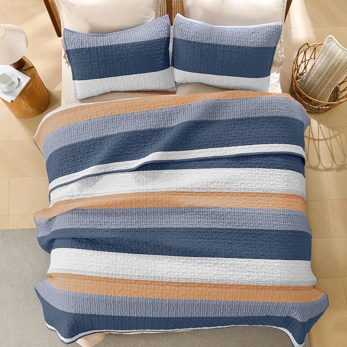 Litanika Quilt Queen Size BlueO, Stripe Patchwork Summer Bedspread Coverlet 3 - Image 3