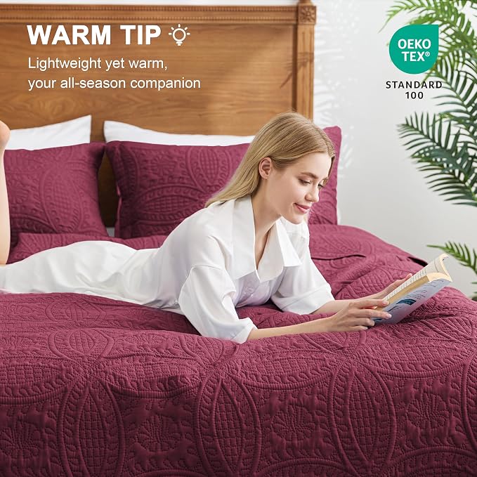 Love's cabin California King Size Quilt Bedding Set Burgundy Bedspreads - Image 4