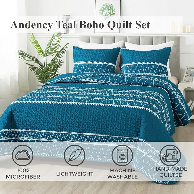 Andency Teal California King Quilt Set, 3 Pieces Boho Lightweight Soft Striped - Image 2