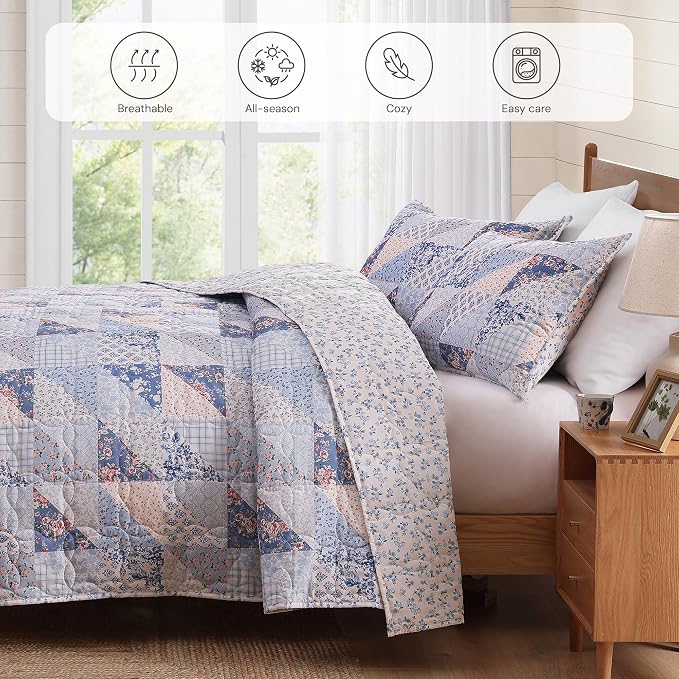 BLOOMHAVEN Quilt Set Queen Size, Patchwork Blue Pink Marigold Floral Quilt Sets - Image 4