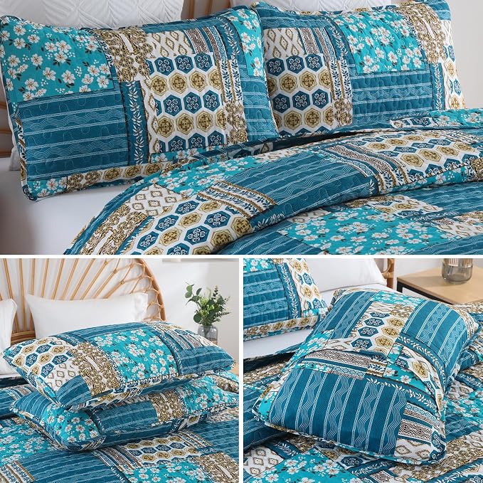 Mybedsoul Dusty Blue Quilt Set Queen Size, 3 Pieces Plaid Floral Bedspread Set - Image 5