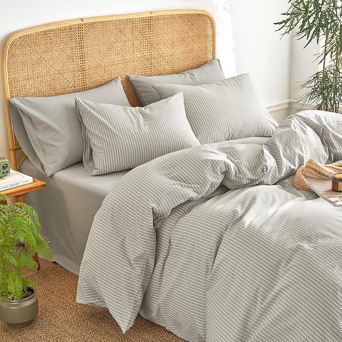 Wake In Cloud - Striped Cotton Duvet Cover Set, 100% Washed Cotton Textured - Image 4
