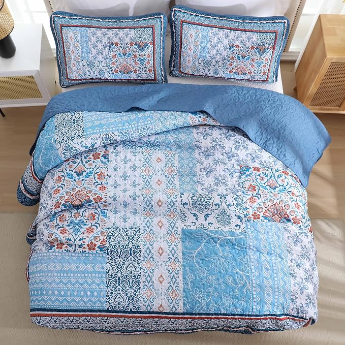 WONGS BEDDING Blue Quilt Set Queen Size, Bohemian Patchwork Bedspread Coverlet - Image 4