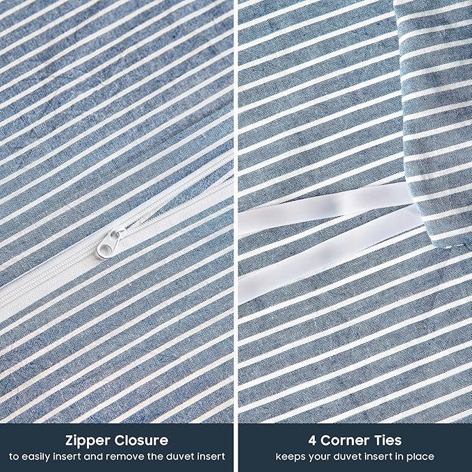 Wake In Cloud - Striped Cotton Duvet Cover Set, 100% Washed Cotton Textured - Image 7