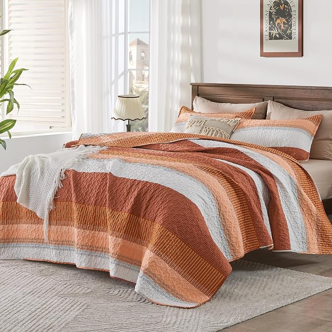 Andency Orange Quilt Queen, 3 Pieces Patchwork Striped Bedspread Coverlet Set - Image 4
