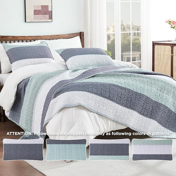 Andency Oversized King Quilt Set Sage Green, 120x120 Stripe Super King - Image 4