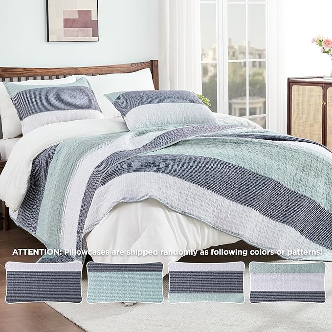 Andency Oversized Queen Quilt Bedding Set, 98x98Inch Sage Green Stripe - Image 4