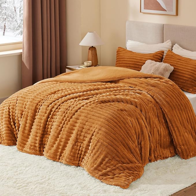 BEDELITE Fleece King Comforter Set -Super Soft & Warm Fluffy Rust Orange Bedding - Image 2