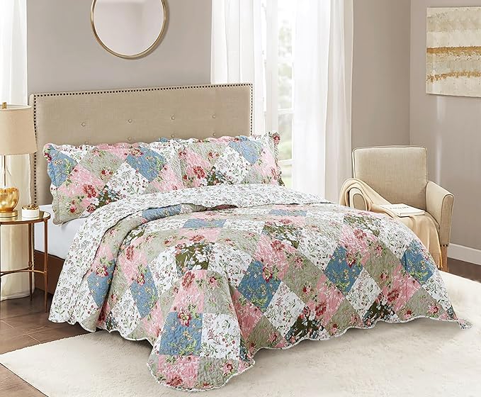 Brilliant Sunshine Peach and Olive Flowers Patchwork, 3-Piece Quilt Set by BrilliantSunshine