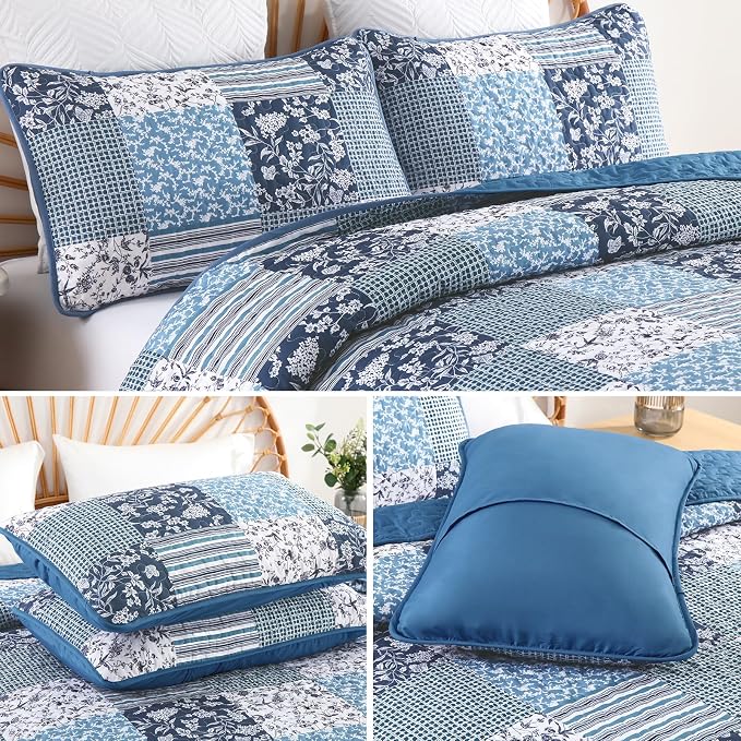 Mybedsoul Navy Blue Quilt Set King Size, 3 Pieces Plaid Floral Bedspread Set - Image 6