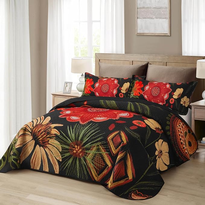Tyrot 3 Piece Black Red Boho Floral Quilt Sets Full/Queen Farmhouse Reversible - Image 2