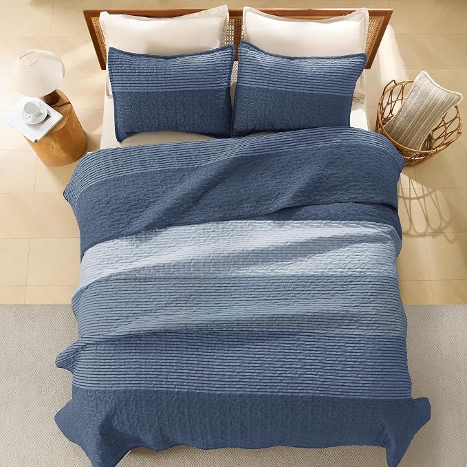 Litanika Oversized Queen Quilt Set Sapphire Blue, 98x98 Stripe Bedspread - Image 3