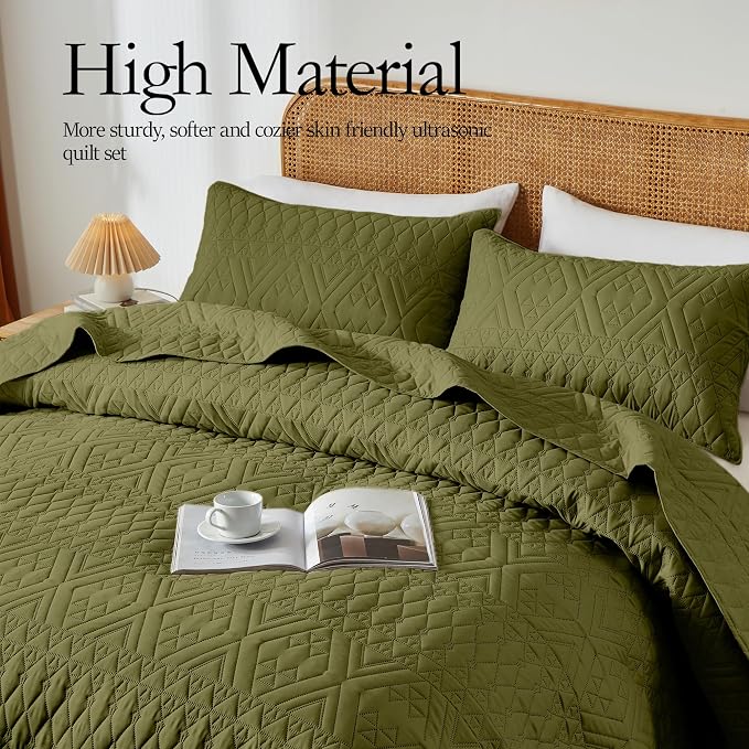 akkialla King/Cal King Size Quilt Bedding Set, Olive Green Lightweight - Image 3