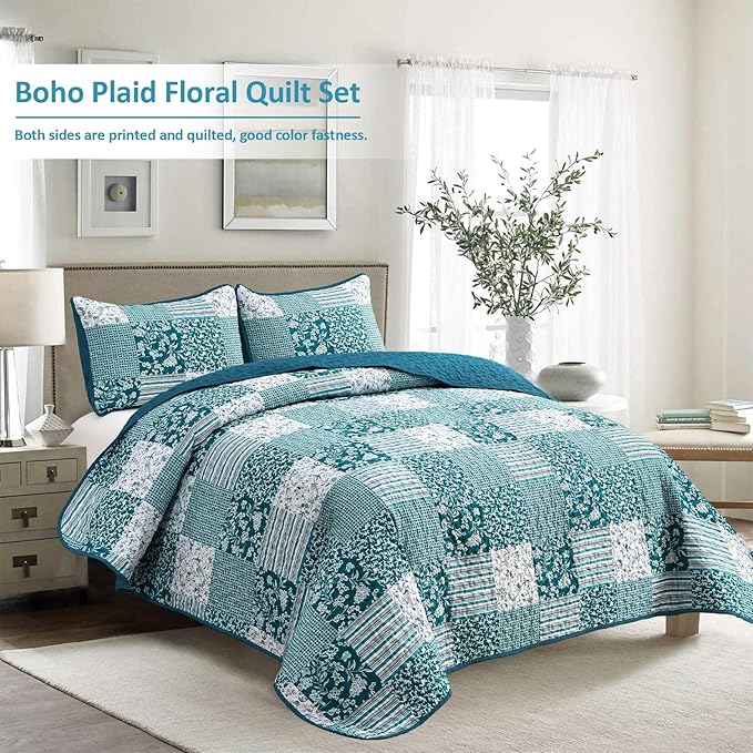 Mybedsoul Teal Blue Quilt Set Queen Size 3 Pieces Boho Plaid Turquoise Floral - Image 2