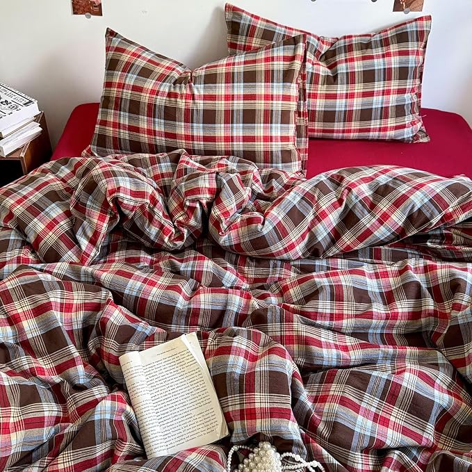 mixinni Vintage Red & Brown Buffalo Plaid Duvet Cover Set King Size - Image 9