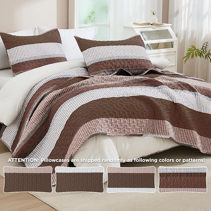 Andency Queen Quilt Bedding Set Brown, 3 Pieces Patchwork Coffee Striped Ultra - Image 4