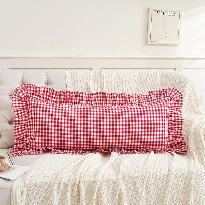 14x36 inches Red/White Plaid Ruffle Lumbar Gingham Pillow Sham 1 Piece - Image 4