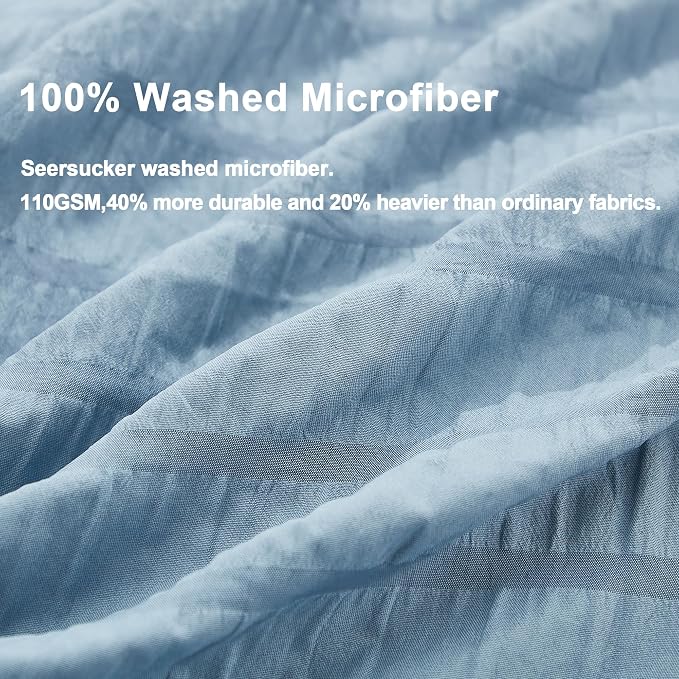 AveLom Grayish Blue Duvet Cover King, 3 Pieces, Seersucker Striped Soft Washed - Image 3
