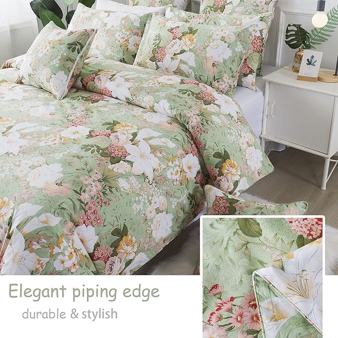 FADFAY Mint Green Floral Duvet Cover Set 100% Cotton Farmhouse Bedding Elegant - Image 6
