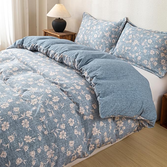 OAITE Blue Flower Twin Size Duvet Cover-3 Pieces Prewashed Cotton-Like - Image 5
