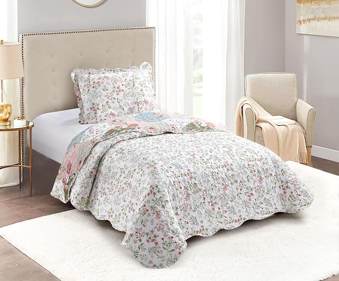 Brilliant Sunshine Peach and Olive Flowers Patchwork, 2-Piece Quilt Set - Image 2