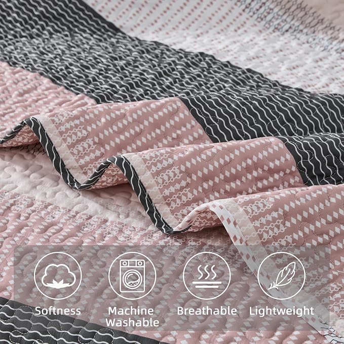 Andency California King Quilt Set Grey Pink, 3 Pieces Ultra Soft Lightweight - Image 5