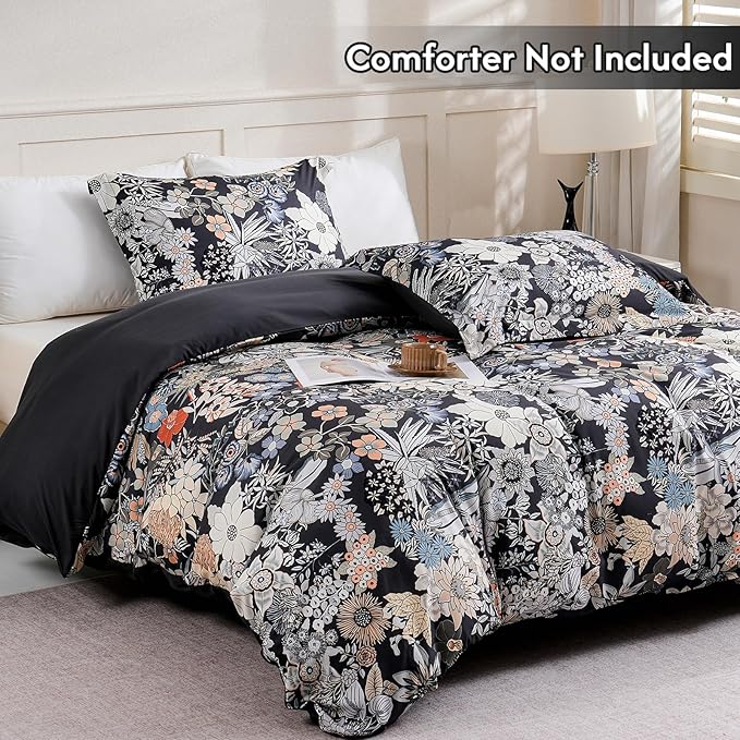 LONAVA King Flower 3 Pcs Duvet Cover Set, Breathable Soft Microfiber Black - Image 2