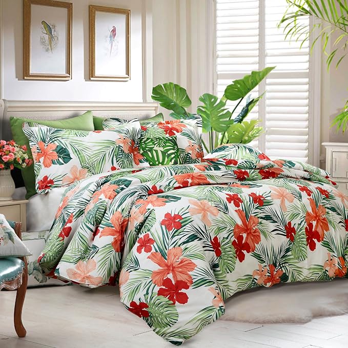 FADFAY Hawaiian Style Red Hibiscus Palm Leaves Tropical Duvet Cover Set Summer - Image 2