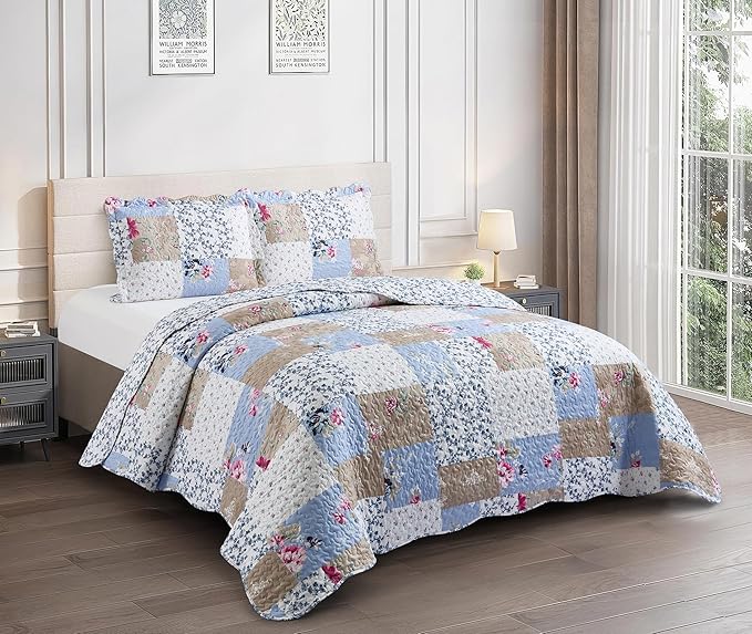 Brilliant Sunshine Pink and Blue Roses Toile Quilt Set, 3-Piece Bedding Sets by BrilliantSunshine