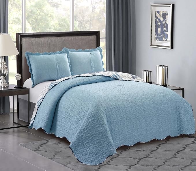 Brilliant Sunshine Blue and Grey Stripe Blocks Patchwork, 3-Piece Quilt Set - Image 2