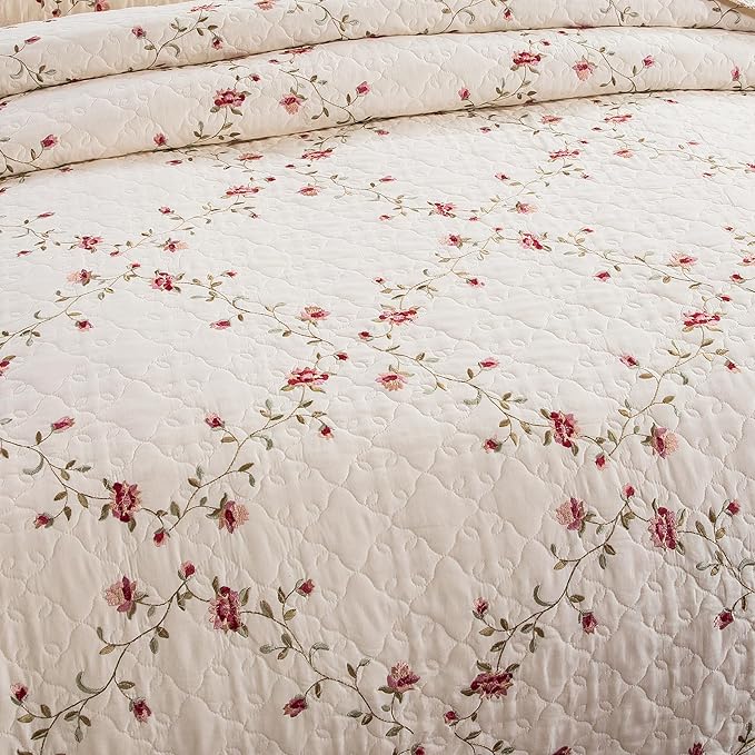 Quilt Set Floral Leaves 3D Embroidery Pattern 3 PCS Cotton Reversible Quilted - Image 2