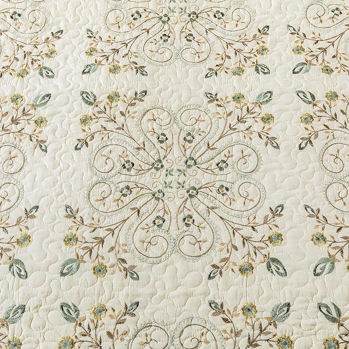 ROOMLIFE Quilt Set Full/Queen Size 3D Floral Embroidery Pattern 3-Piece Cotton - Image 3