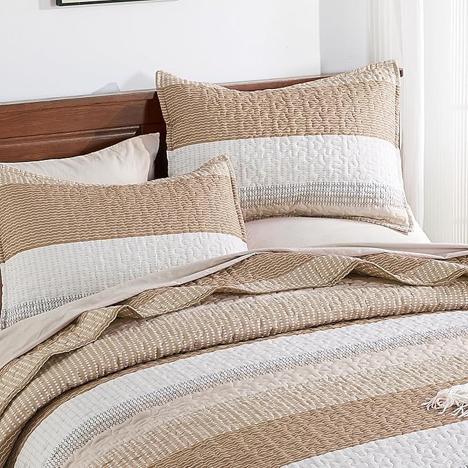 Andency Taupe Striped Quilt Set Cal King, 3 Pieces Patchwork Bedspread Coverlet - Image 3