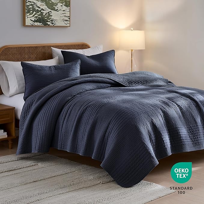 PALASSIO Striped Navy Blue 100% Cotton Quilt California Cal King Size Bedding - Image 2