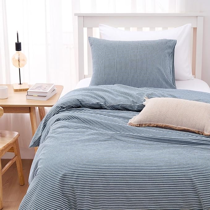 Wake In Cloud - Striped Cotton Duvet Cover Set, 100% Washed Cotton Textured - Image 3