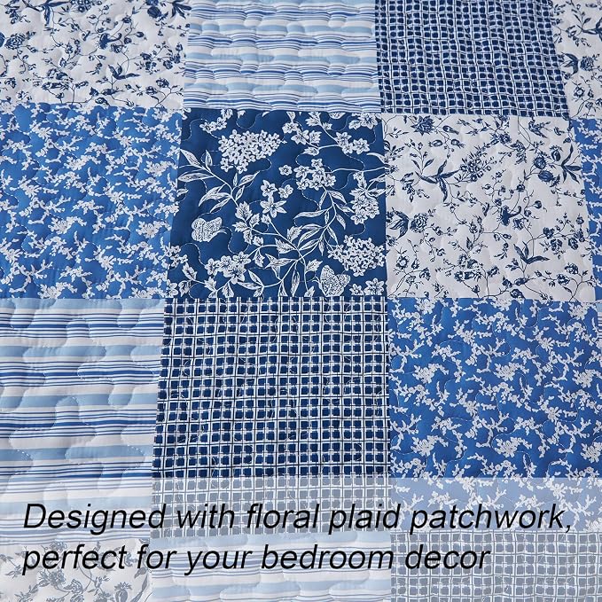 Mybedsoul Blue Boho Quilt Set King Size, 3 Pieces Plaid Floral Bedspread - Image 4