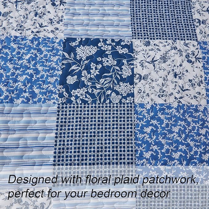 Mybedsoul Blue Boho Quilt Set Queen Size, 3 Pieces Plaid Floral Bedspread - Image 4